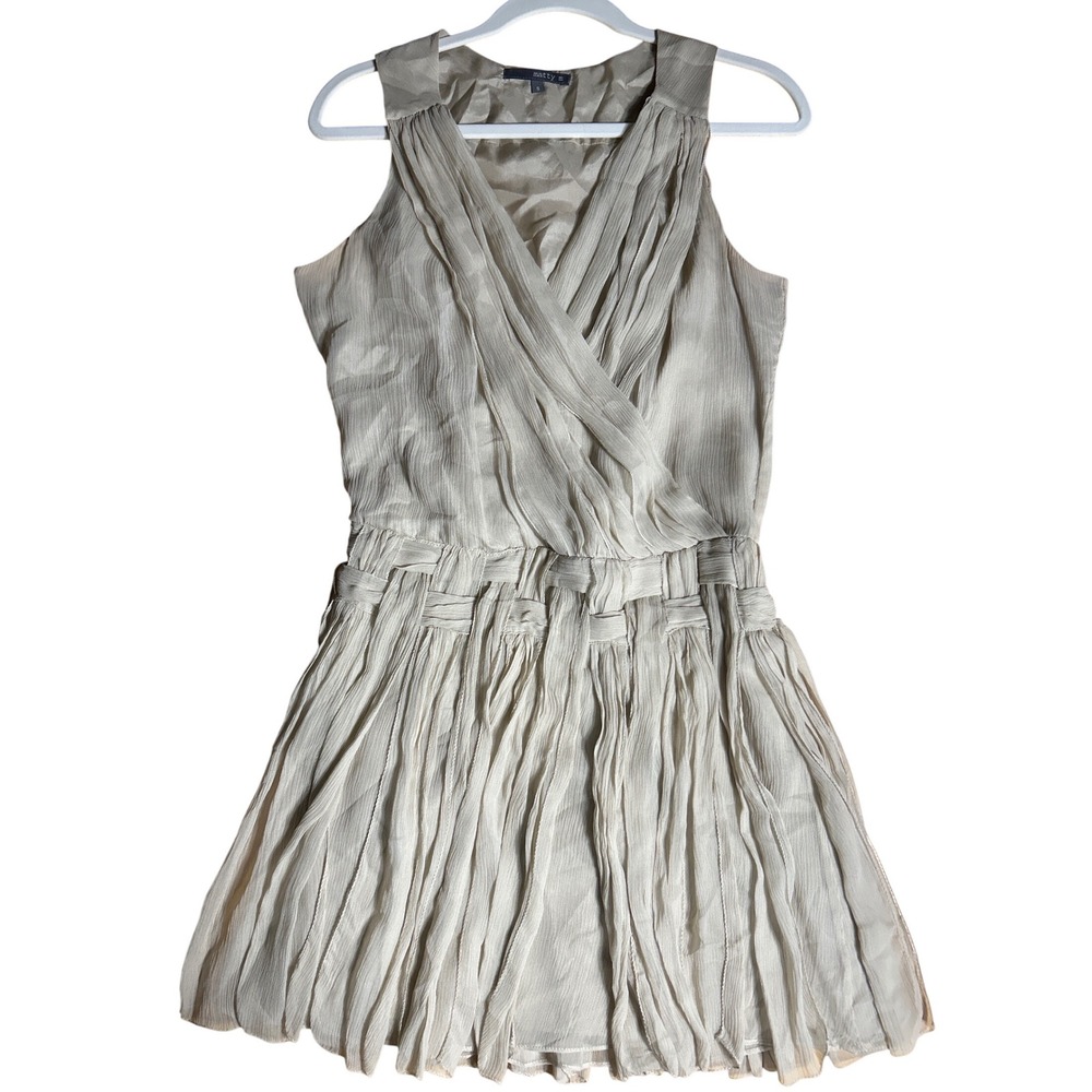 Matty M 100% Silk Pleated Basket Weave Sleeveless Dress Champagne Beige Sz S Y2K